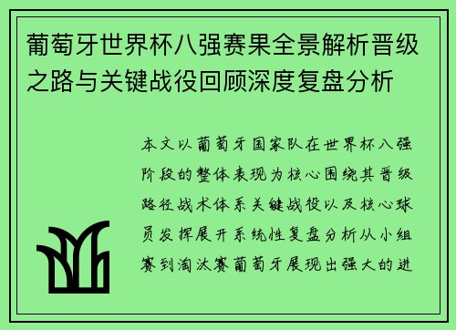 葡萄牙世界杯八强赛果全景解析晋级之路与关键战役回顾深度复盘分析